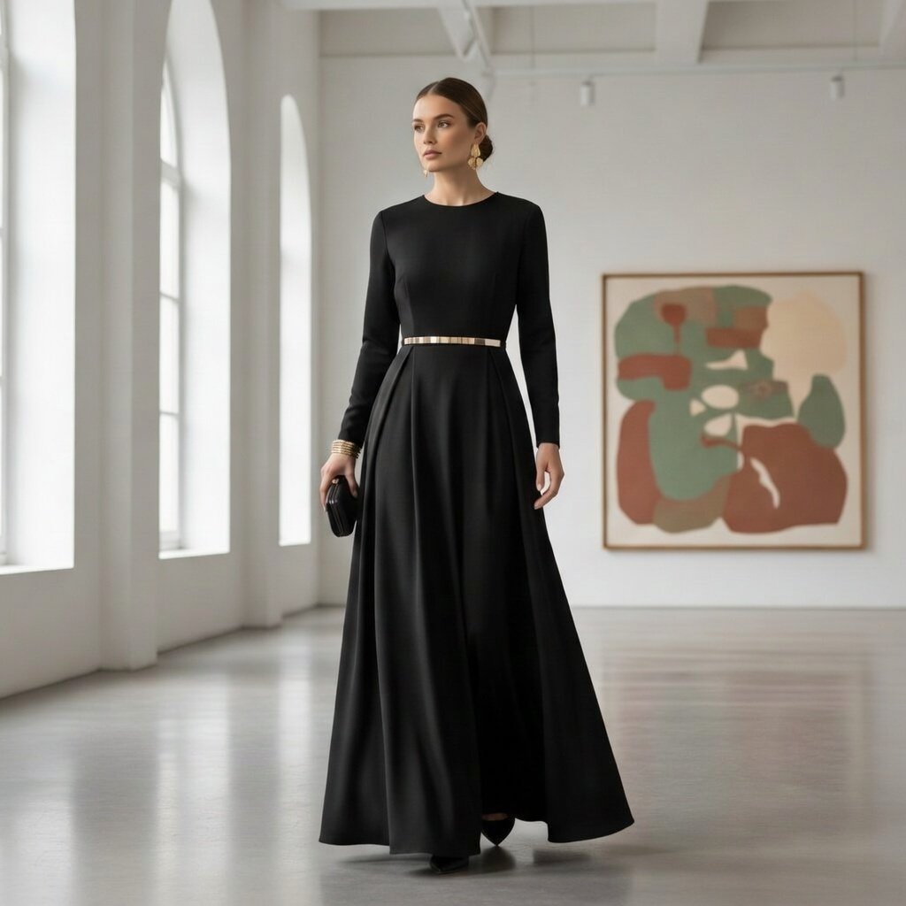 Home 1. Elegant black evening dress featuring long sleeves, a flowing skirt, and a stylish belt at the waist. 2. Black evening dress with long sleeves, a full-length skirt, and a cinched belt, perfect for formal occasions. 3. Sophisticated black evening dress showcasing long sleeves, a long skirt, and a belt for a flattering silhouette.