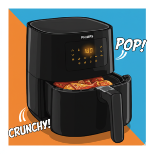 Air fryer filled with food, featuring the word "pop" prominently displayed above it.