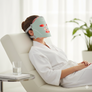 red light therapy mask A woman seated in a chair, wearing a facial mask, appears relaxed and contemplative.