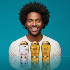 hair oil (argan or coconut blend) pack of 3 A man with curly hair stands beside three bottles of hair care products, showcasing his grooming routine.