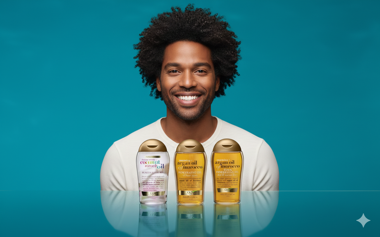 hair oil (argan or coconut blend) pack of 3 hair oil (argan or coconut blend) pack of 3 A man with curly hair stands beside three bottles of hair care products, showcasing his grooming routine.